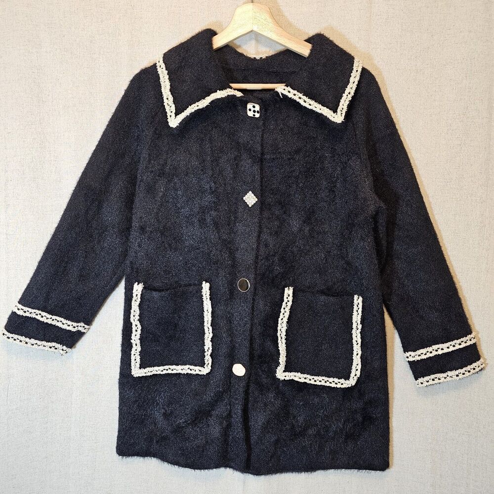 Black Knit Jacket With Contrast Ivory Trim Mixed Buttons Soft Fuzzy Small